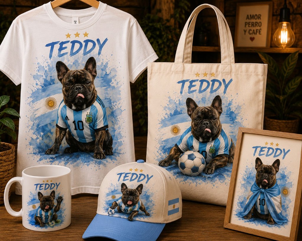 Ejemplo de Kit Mundial personalizado con la mascota Teddy: remera, taza, tote, gorra y cuadro estilo hincha de Argentina
